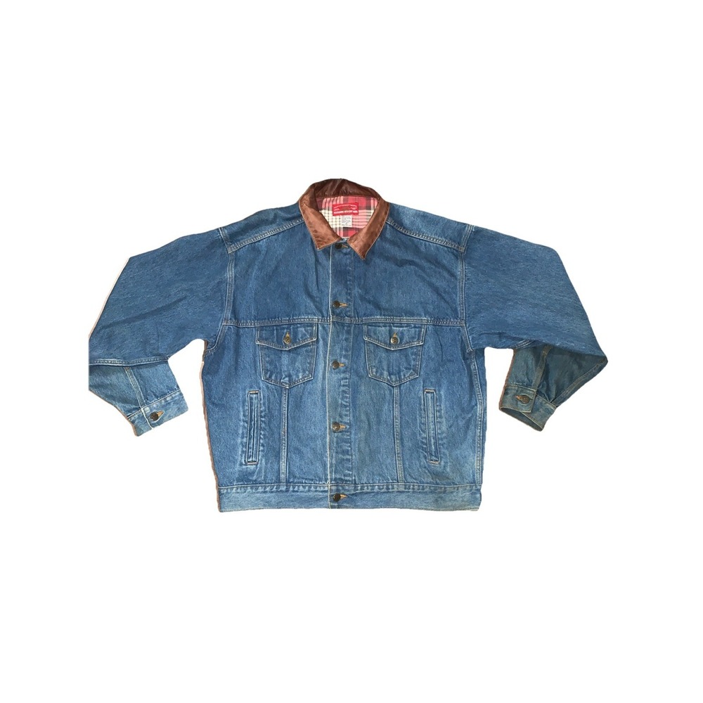 Vintage 90s Marlboro Country Store Jacket Mens XL Denim Flannel Leather Collar